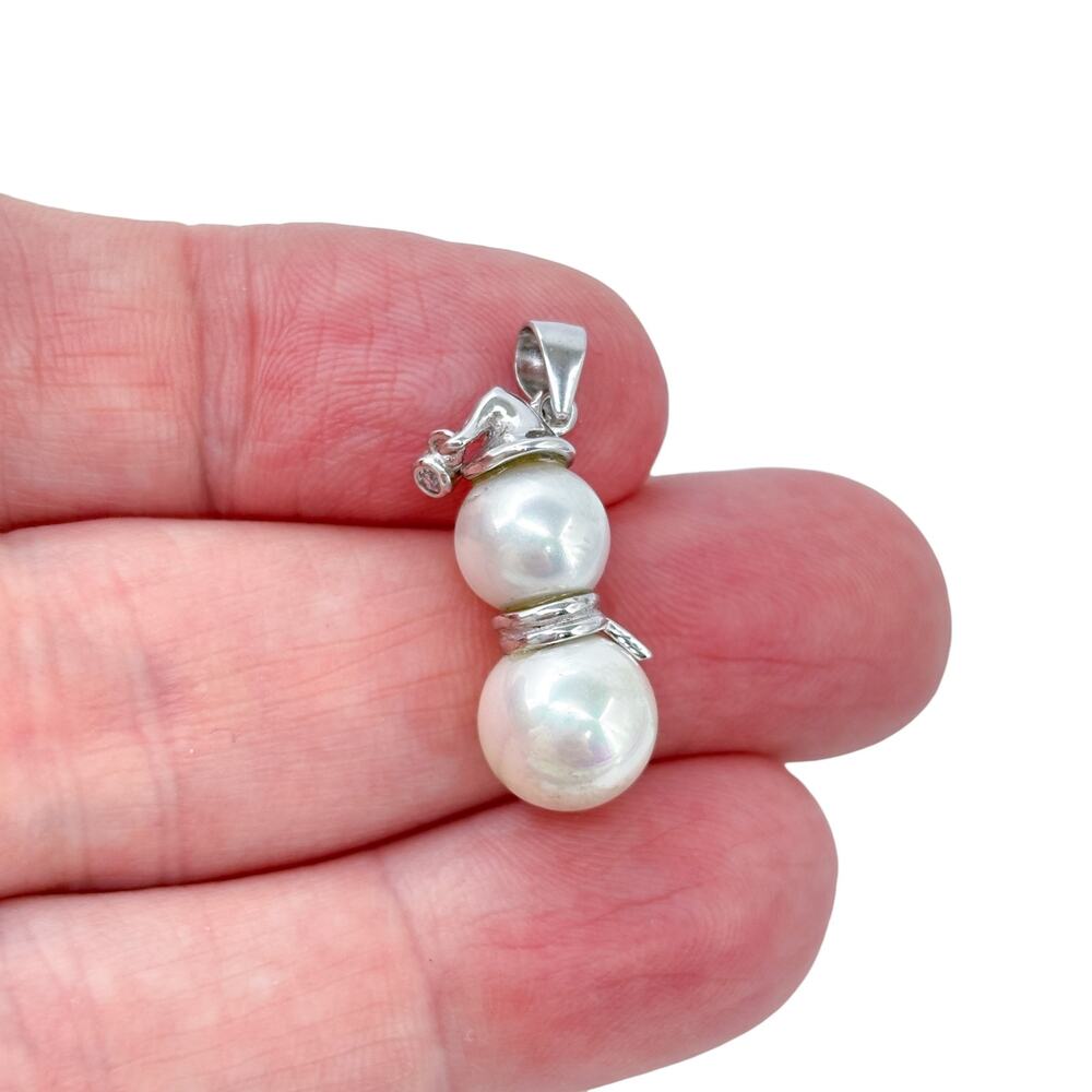 Vintage Sterling Silver 925 White Pearl Cubic Zirconia Snowman Pendant